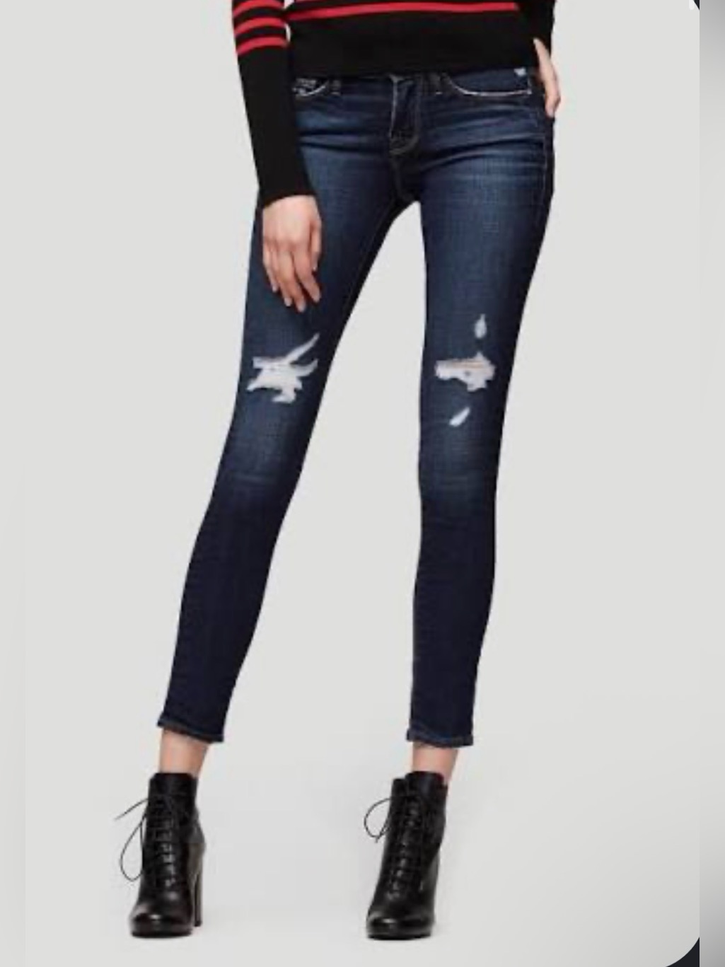 Frame Denim Skinny Jeans In Dark Blue With Knee Distressing